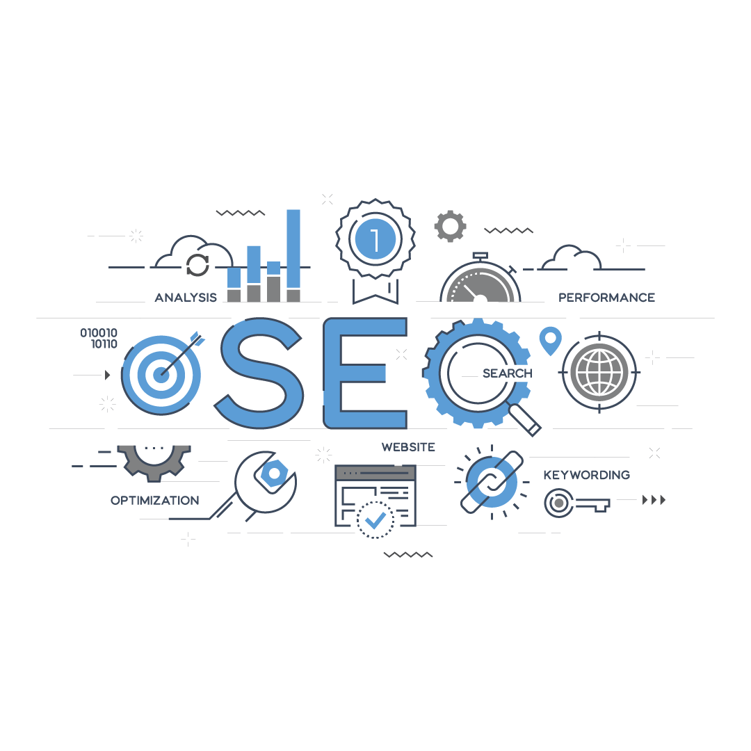 banner image for seo for new website illustrating different components for seo optimization of a new website